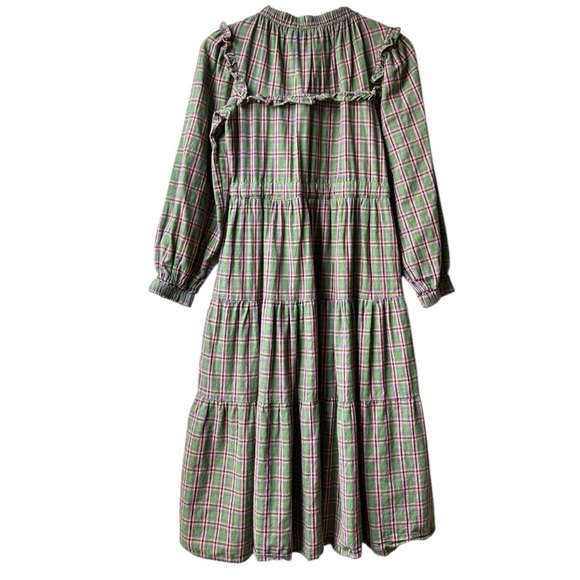 shirt by rochelle behrens Green Pink Flannel Plaid Ruffle Long Sleeve Dress Sz S - Picture 5 of 12